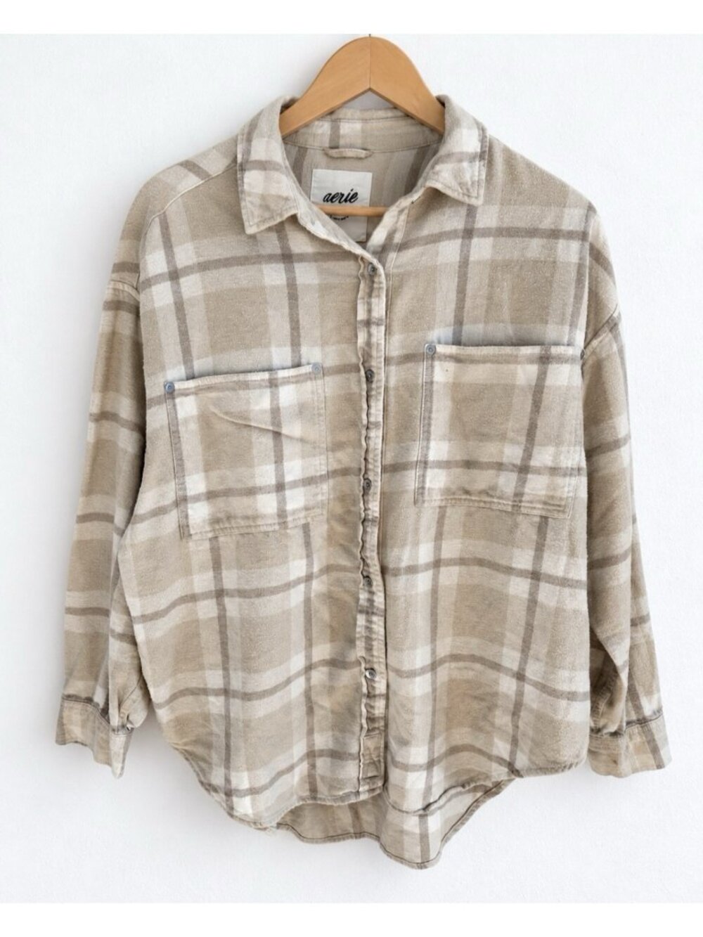 Aerie Anytime Fave Flannel Oversized Shirt Soft Oat Plaid Women’s S